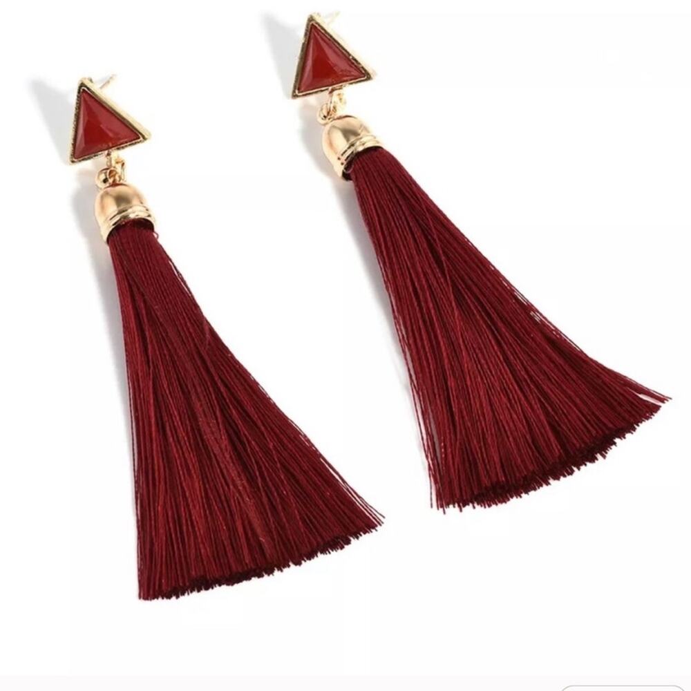 Zara Red Triangle Stud Tassel Earrings